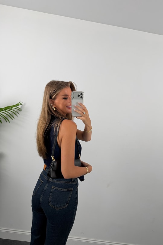 Premium Kalite Paçası Kesik Toparlayıcı Boyfit Jean Tintli Dark Blue 1014  