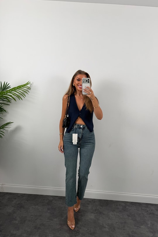 Premium Kalite Paçası Kesik Toparlayıcı Boyfit Jean Vintage Orta Mavi 1019 