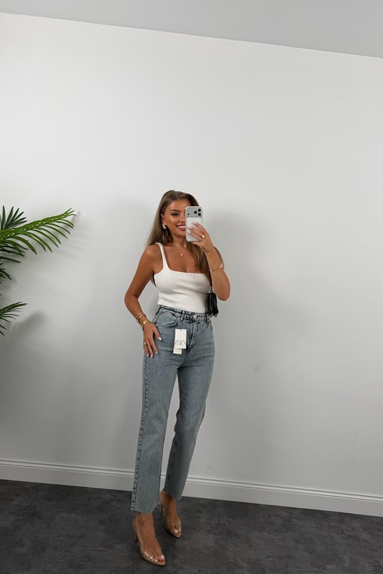 Premium Kalite Paçası Kesik Toparlayıcı Boyfit Jean Vintage Mavi 1018   