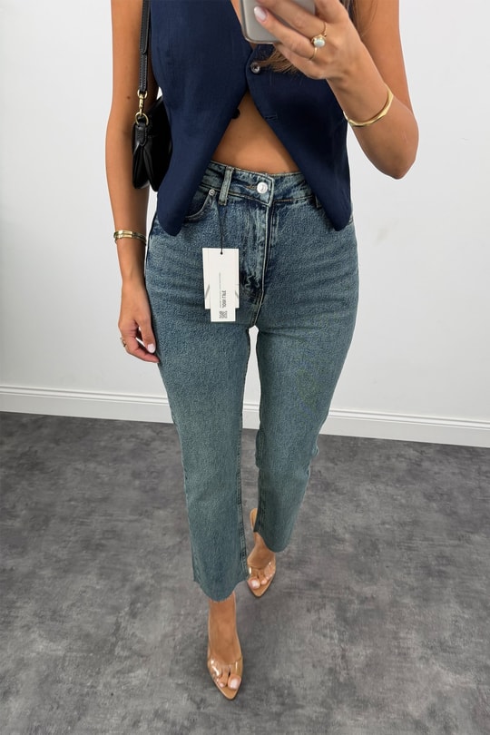 Premium Kalite Paçası Kesik Toparlayıcı Boyfit Jean Vintage Orta Mavi 1019 