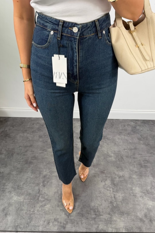 Premium Kalite Paçası Kesik Toparlayıcı Boyfit Jean Tintli Dark Blue 1014 