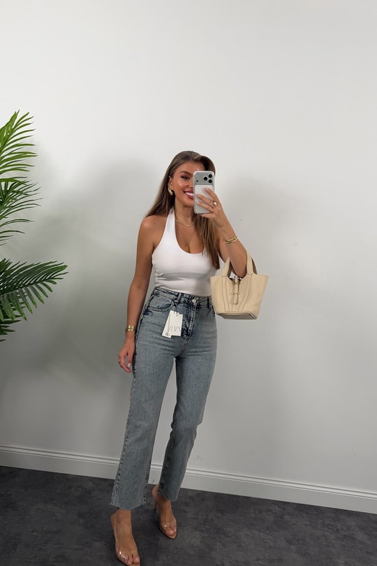 Premium Kalite Paçası Kesik Toparlayıcı Boyfit Jean Vintage Mavi 1018  
