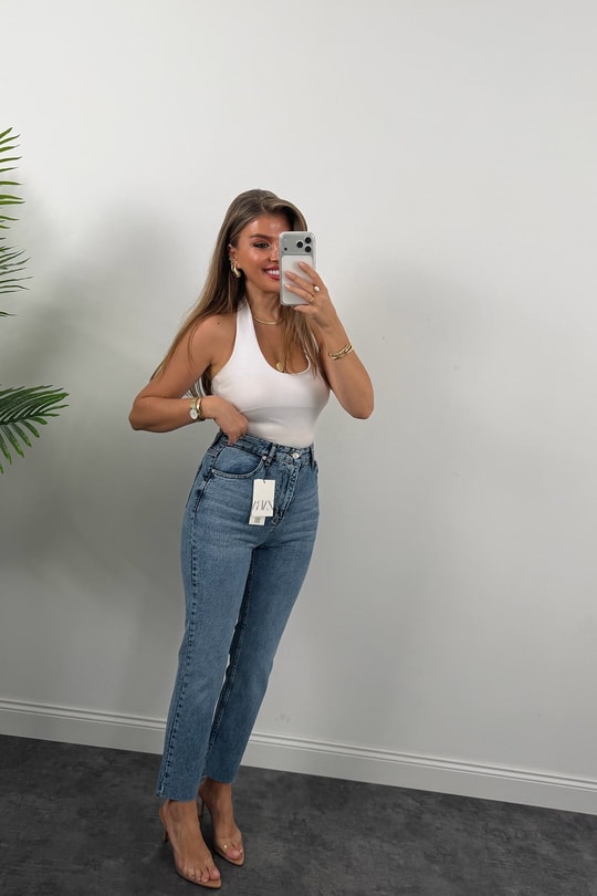 Premium Kalite Paçası Kesik Toparlayıcı Boyfit Jean Klasik Mavi 1004 