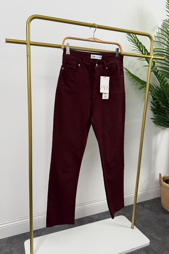 Premium Kalite Paçası Kesik Toparlayıcı Boyfit Jean Bordo