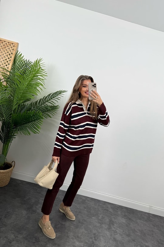 Premium Kalite Polo Yaka Bordo Çizgili Elit Triko Kazak