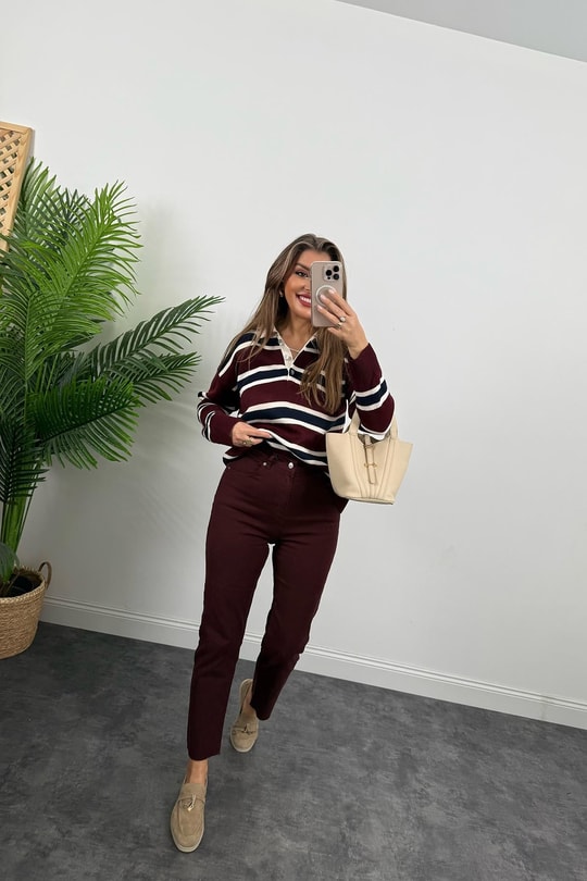 Premium Kalite Polo Yaka Bordo Çizgili Elit Triko Kazak