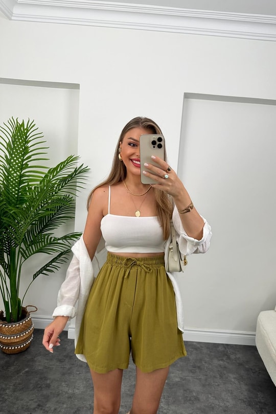 Premium Kalite Şehir Boy Basic Keten Şort Yağ Yeşili