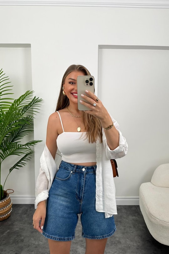 Premium Kalite Şehir Boy Boyfit Jean Şort  Klasik Mavi