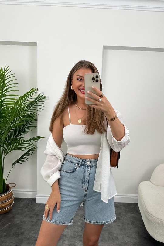 Premium Kalite Şehir Boy Boyfit Jean Şort  Yıkamalı Mavi