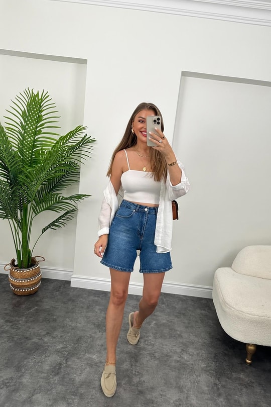 Premium Kalite Şehir Boy Boyfit Jean Şort  Klasik Mavi