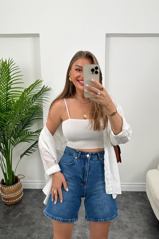 Premium Kalite Şehir Boy Boyfit Jean Şort  Klasik Mavi