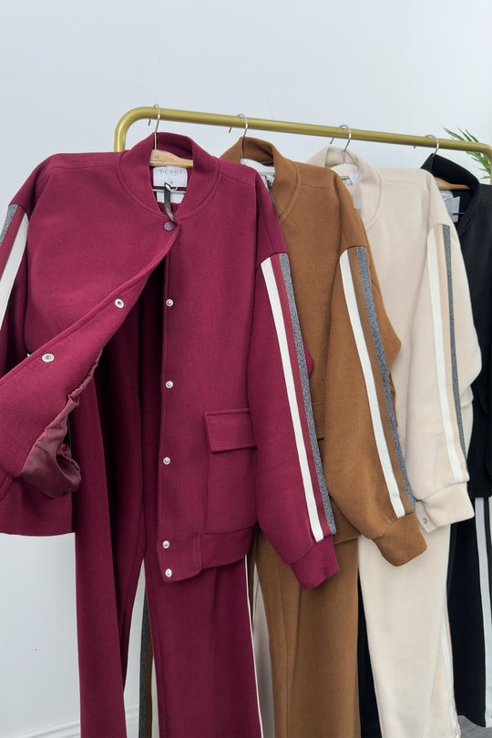Premium Kalite Şeritli Selanik Kumaş Bomber Ceketli Palazzo Takım Siyah