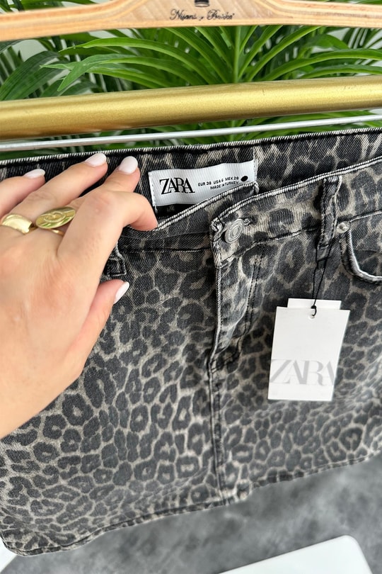 Premium Kalite Soluk Efekt Mini Boy Likralı Leopar Jean Etek