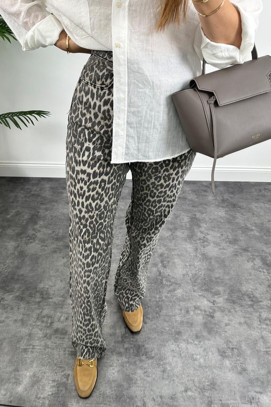 Premium Kalite Soluk Efekt Tam Pamuklu Likralı Leopar Palazzo Jean