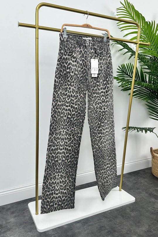 Premium Kalite Soluk Efekt Tam Pamuklu Likralı Leopar Palazzo Jean