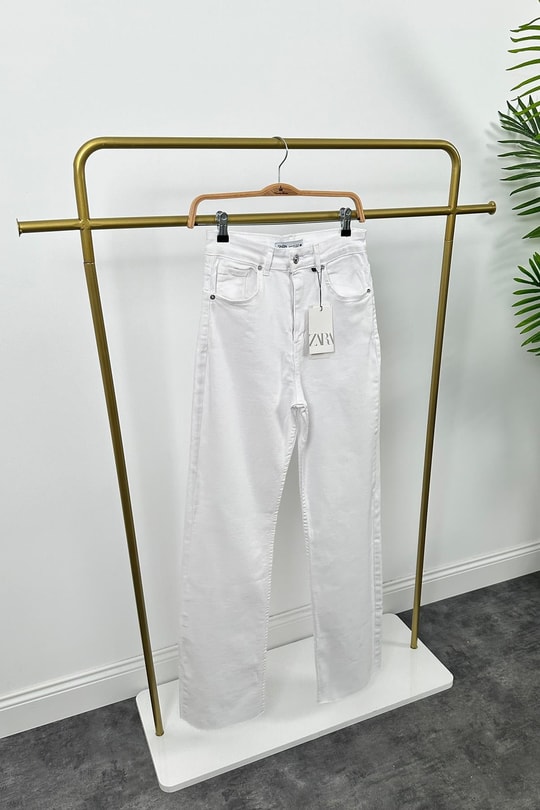 Premium Kalite Tam Pamuklu Likralı Straight Jean Beyaz