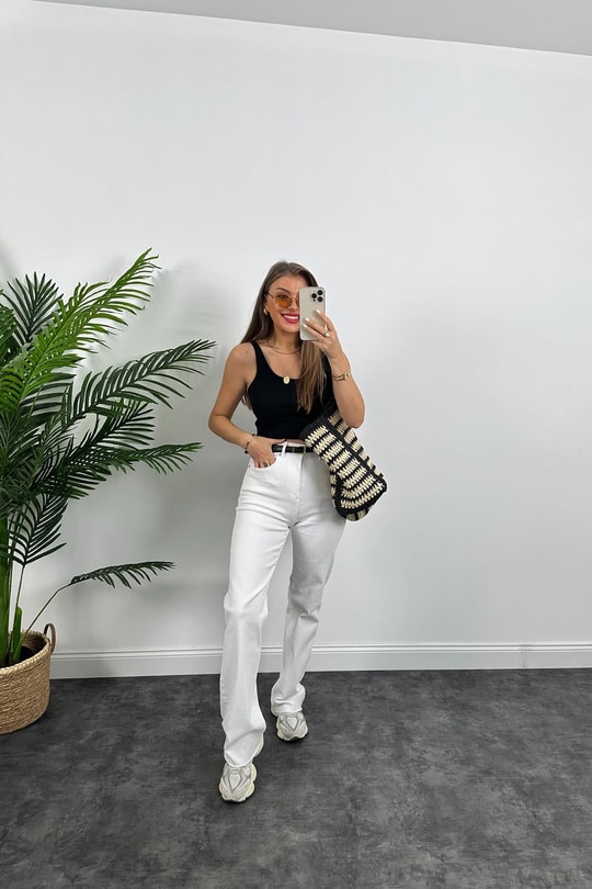 Premium Kalite Tam Pamuklu Likralı Straight Jean Beyaz