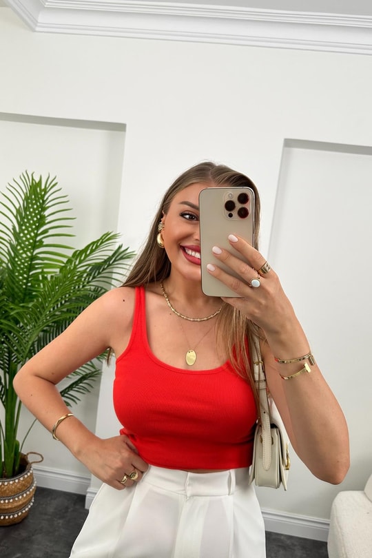 Premium Kalite Tam Pamuklu U Yaka Uzun Boy Atlet Kırmızı
