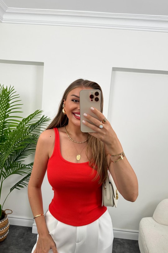 Premium Kalite Tam Pamuklu U Yaka Uzun Boy Atlet Kırmızı