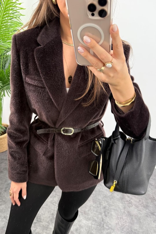 Premium Kalite Tay Tüyü Blazer Acı Kahve
