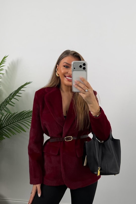 Premium Kalite Tay Tüyü Blazer Bordo