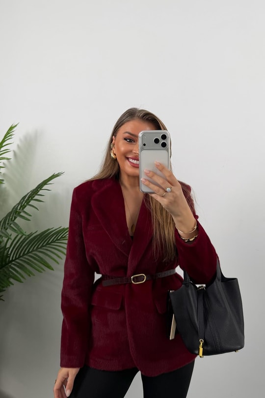 Premium Kalite Tay Tüyü Blazer Bordo