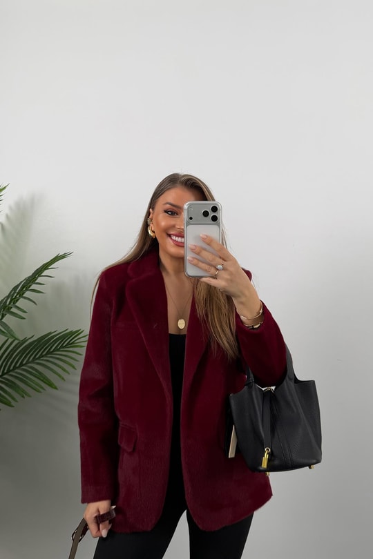 Premium Kalite Tay Tüyü Blazer Bordo