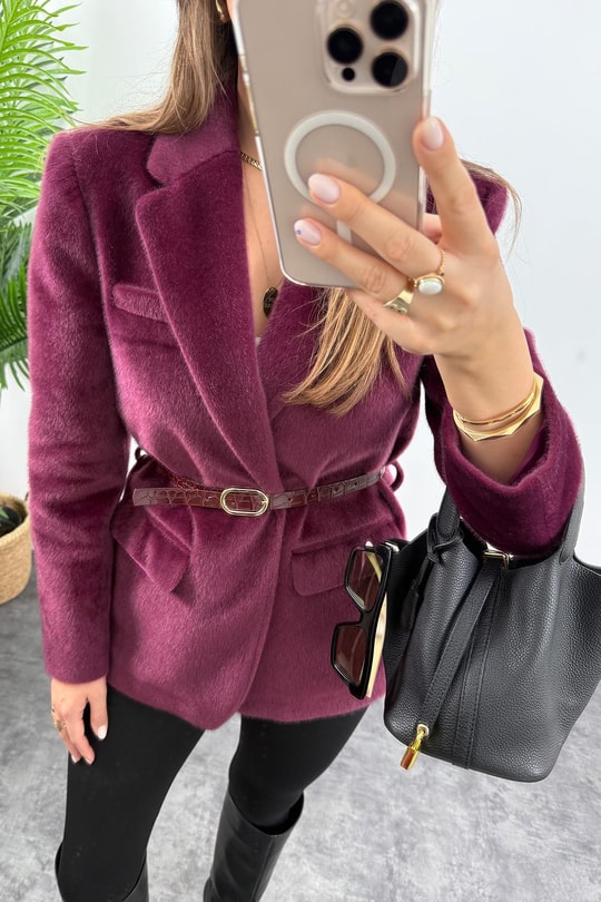 Premium Kalite Tay Tüyü Blazer Bordo Mürdüm