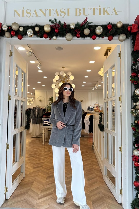 Premium Kalite Tay Tüyü Blazer Gri
