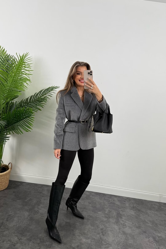 Premium Kalite Tay Tüyü Blazer Gri