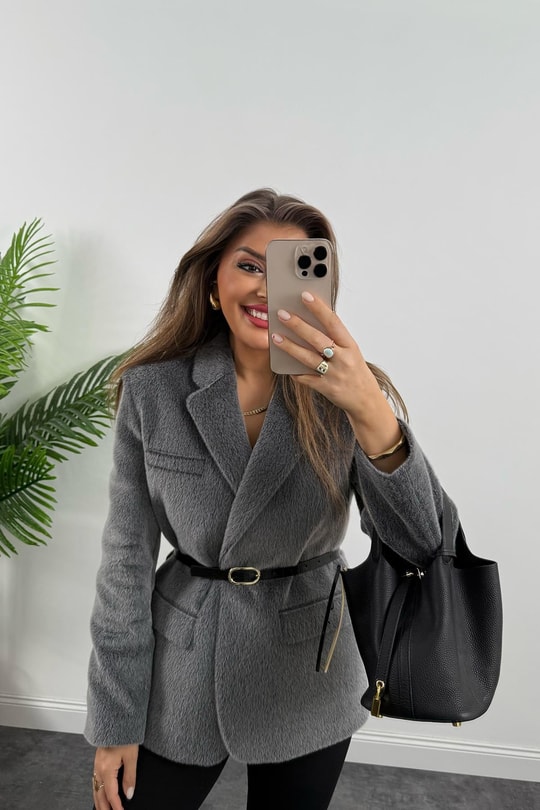 Premium Kalite Tay Tüyü Blazer Gri
