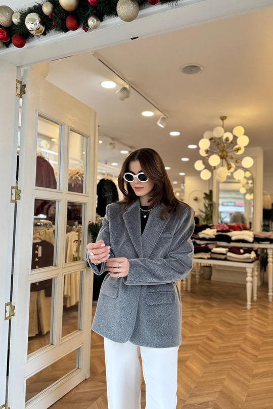 Premium Kalite Tay Tüyü Blazer Gri