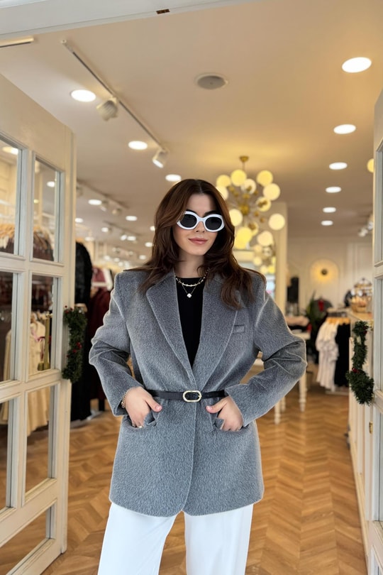 Premium Kalite Tay Tüyü Blazer Gri