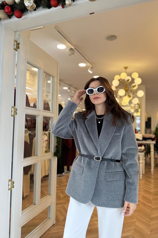 Premium Kalite Tay Tüyü Blazer Gri