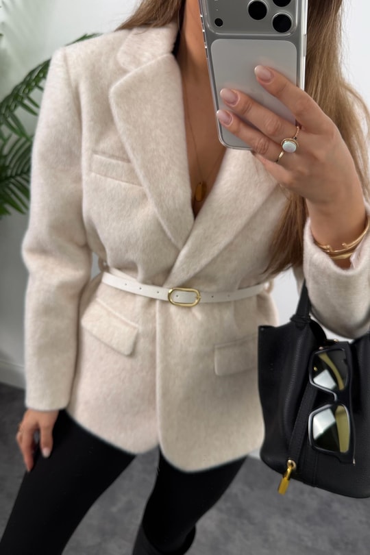 Premium Kalite Tay Tüyü Blazer Krem