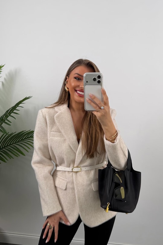 Premium Kalite Tay Tüyü Blazer Krem