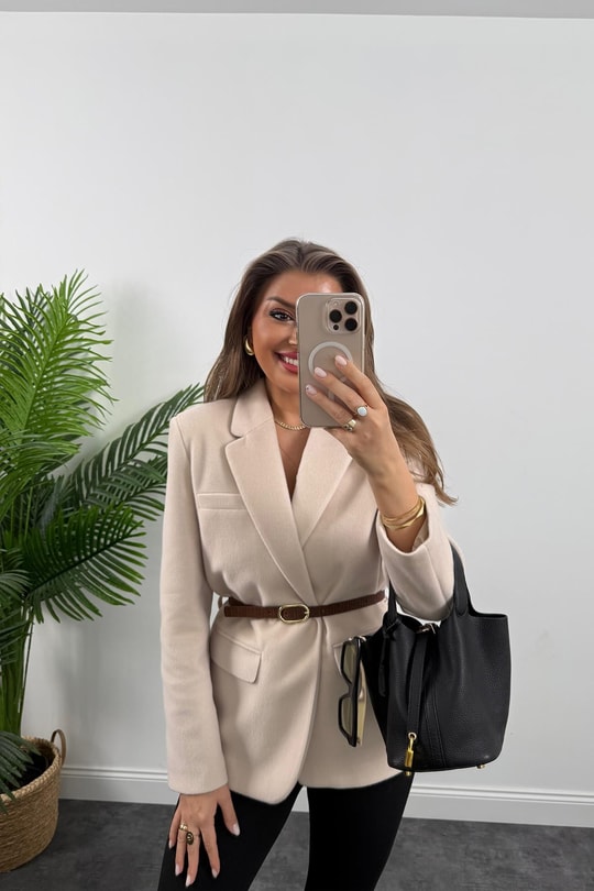 Premium Kalite Tay Tüyü Blazer Naturel Krem