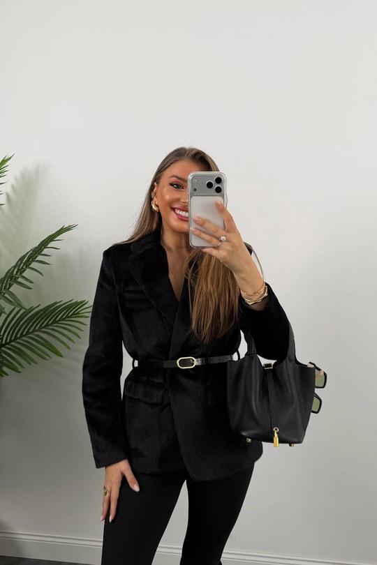 Premium Kalite Tay Tüyü Blazer Siyah 