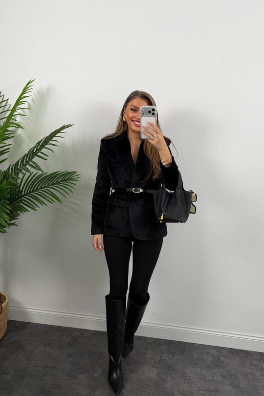 Premium Kalite Tay Tüyü Blazer Siyah 