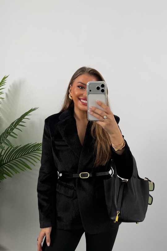 Premium Kalite Tay Tüyü Blazer Siyah 
