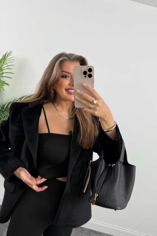 Premium Kalite Tay Tüyü Blazer Siyah