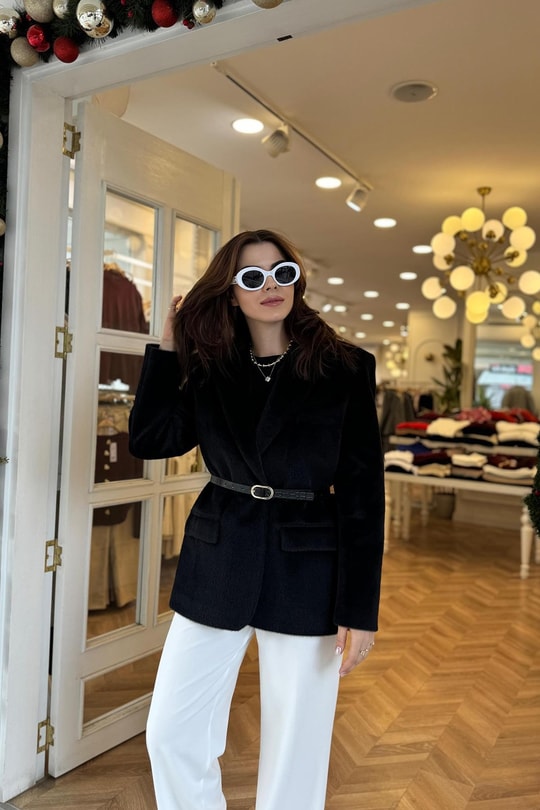 Premium Kalite Tay Tüyü Blazer Siyah
