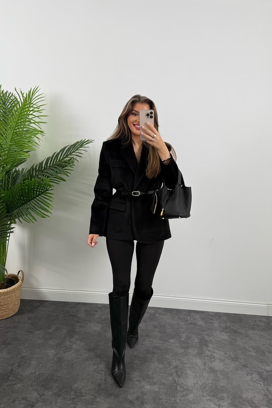 Premium Kalite Tay Tüyü Blazer Siyah