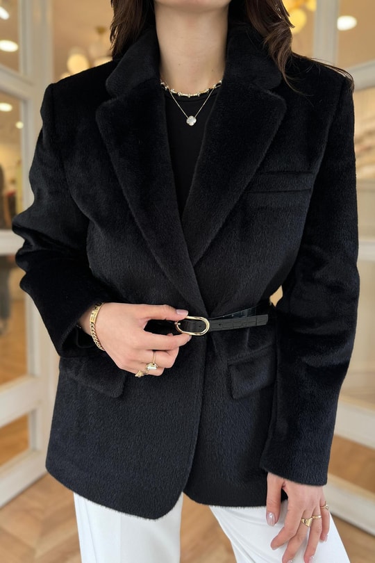 Premium Kalite Tay Tüyü Blazer Siyah