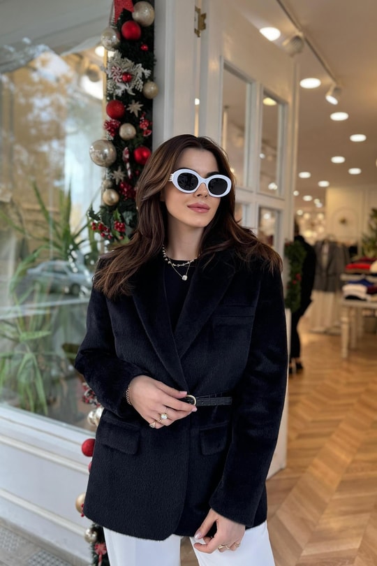Premium Kalite Tay Tüyü Blazer Siyah
