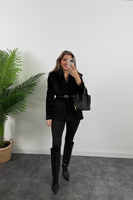 Premium Kalite Tay Tüyü Blazer Siyah