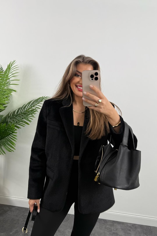 Premium Kalite Tay Tüyü Blazer Siyah