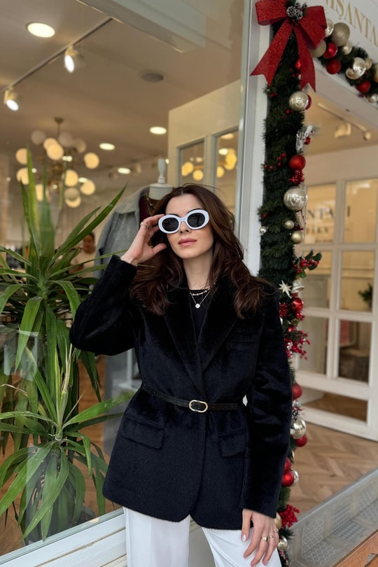 Premium Kalite Tay Tüyü Blazer Siyah