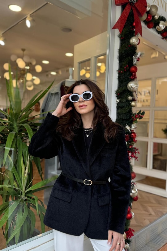 Premium Kalite Tay Tüyü Blazer Siyah