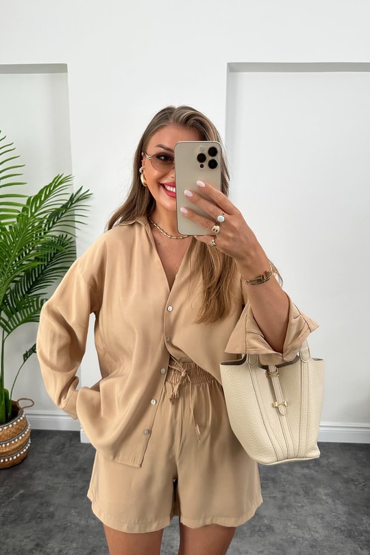 Premium Kalite Tensel Modal Kumaş Şort Gömlek Takım Soft Camel